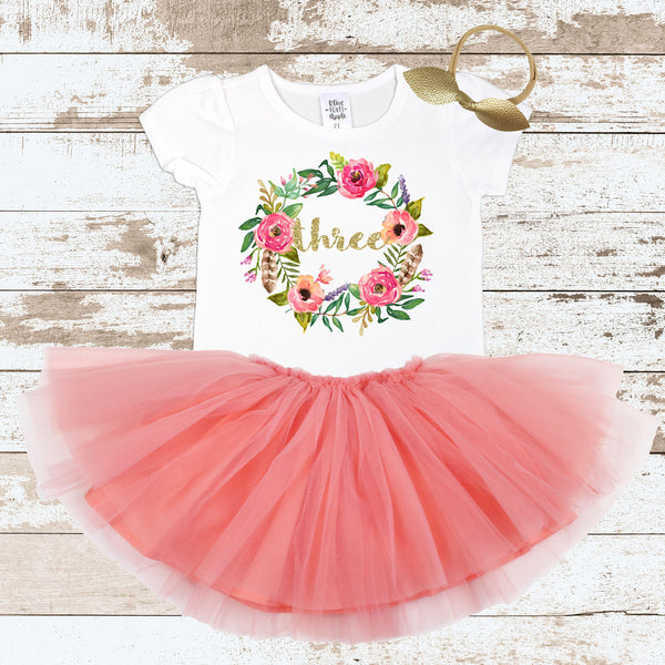 Three in Wreath Peach Tutu Outfit