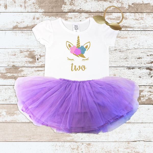 Gold Two Unicorn Face Purple Tutu Outfit